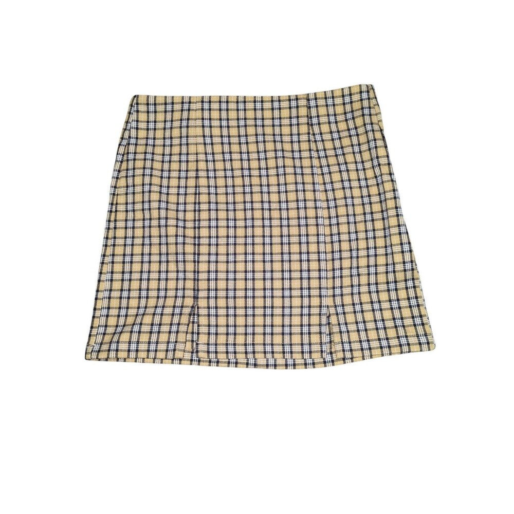 Aeropostale Mini Skirt M Women's Yellow Plaid Front Slits Schoolgirl Academia